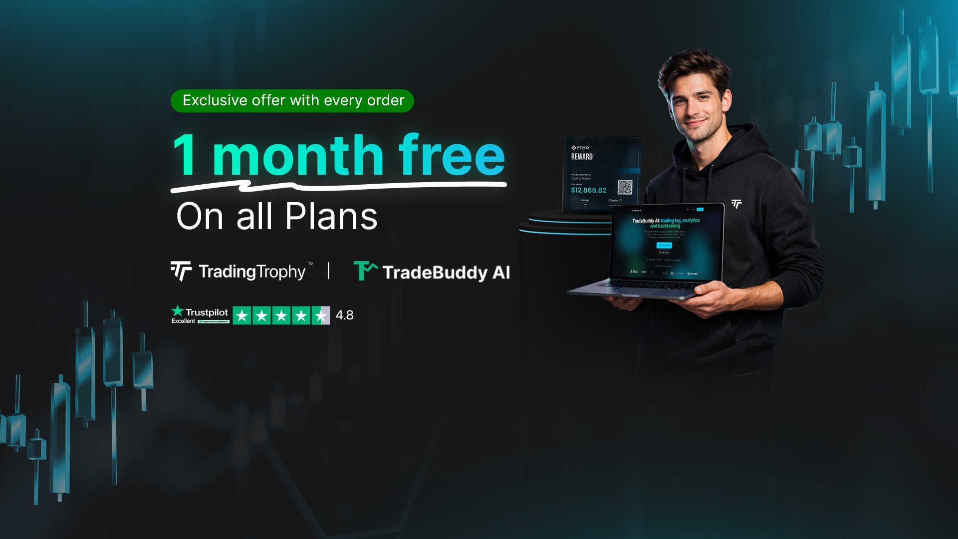 Man holding a laptop with promotional text for TradingTrophy and TradeBuddy AI on a dark background.