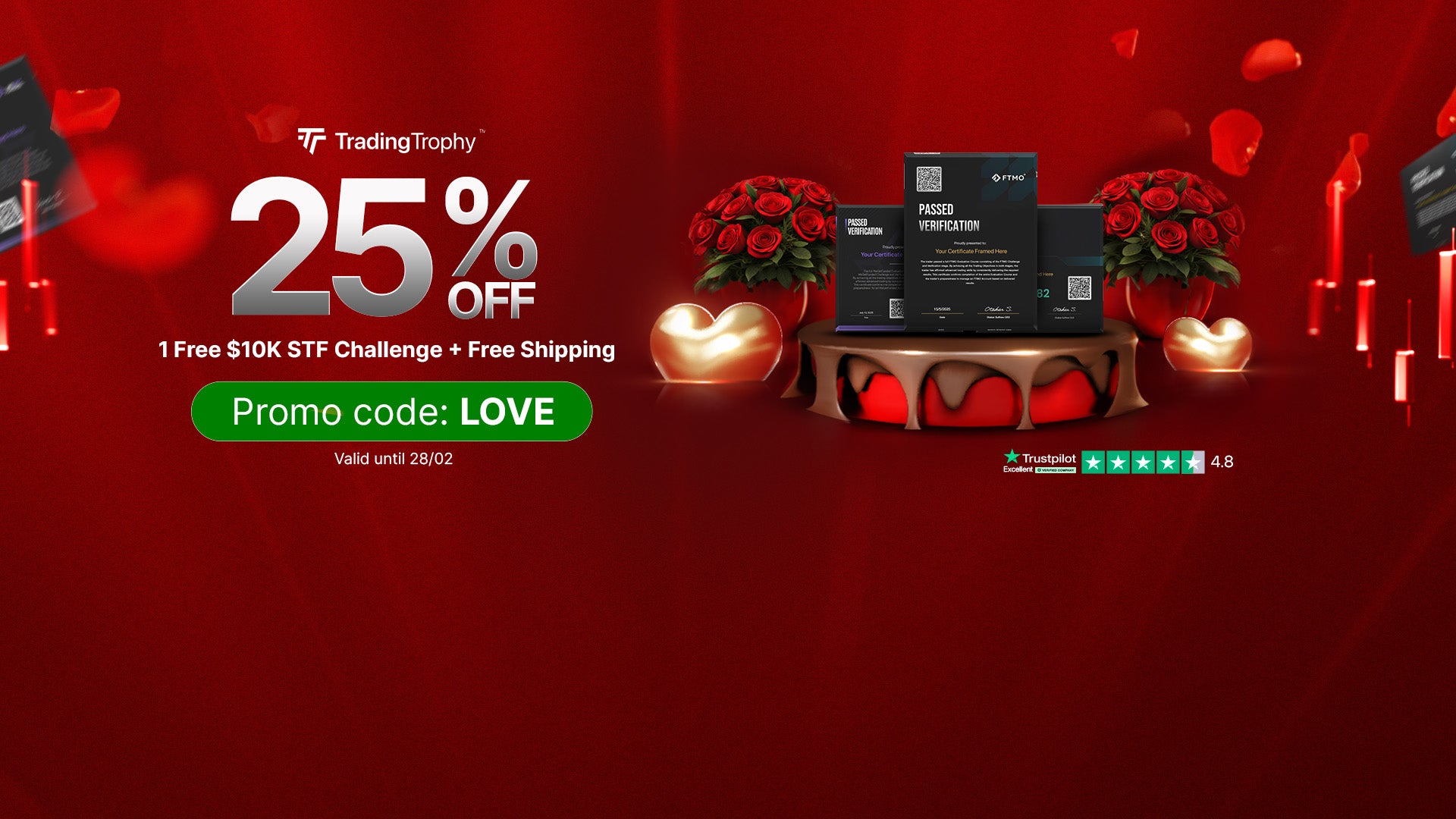 Promotional banner for Valentine's day with 25% off offer, free $10K STF Challenge, free shipping, and a discount code on a festive background.