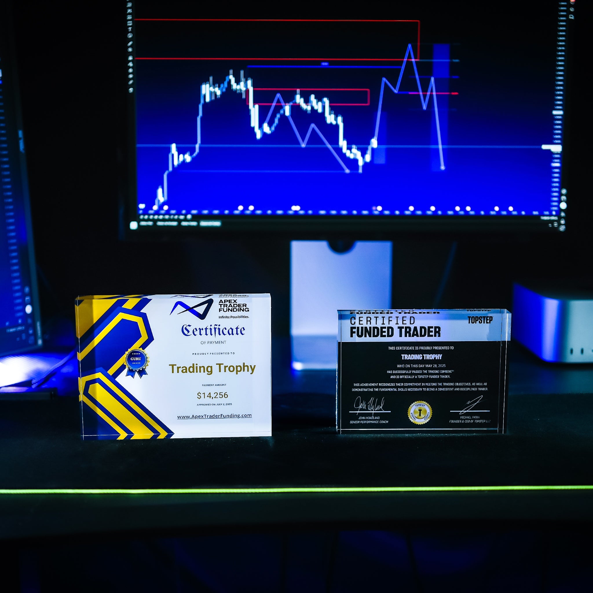 Trading trophies on a desk with a computer screen displaying stock market graphs