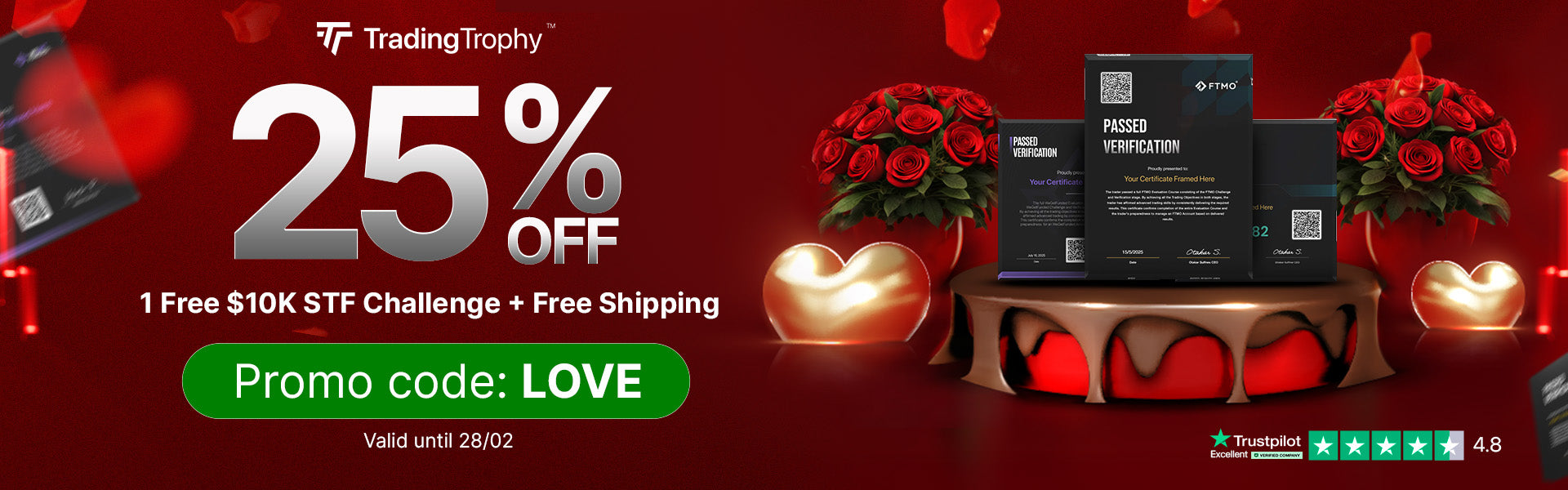 Promotional banner for Valentine's day with 25% off offer, free $10K STF Challenge, free shipping, and a discount code on a festive background.