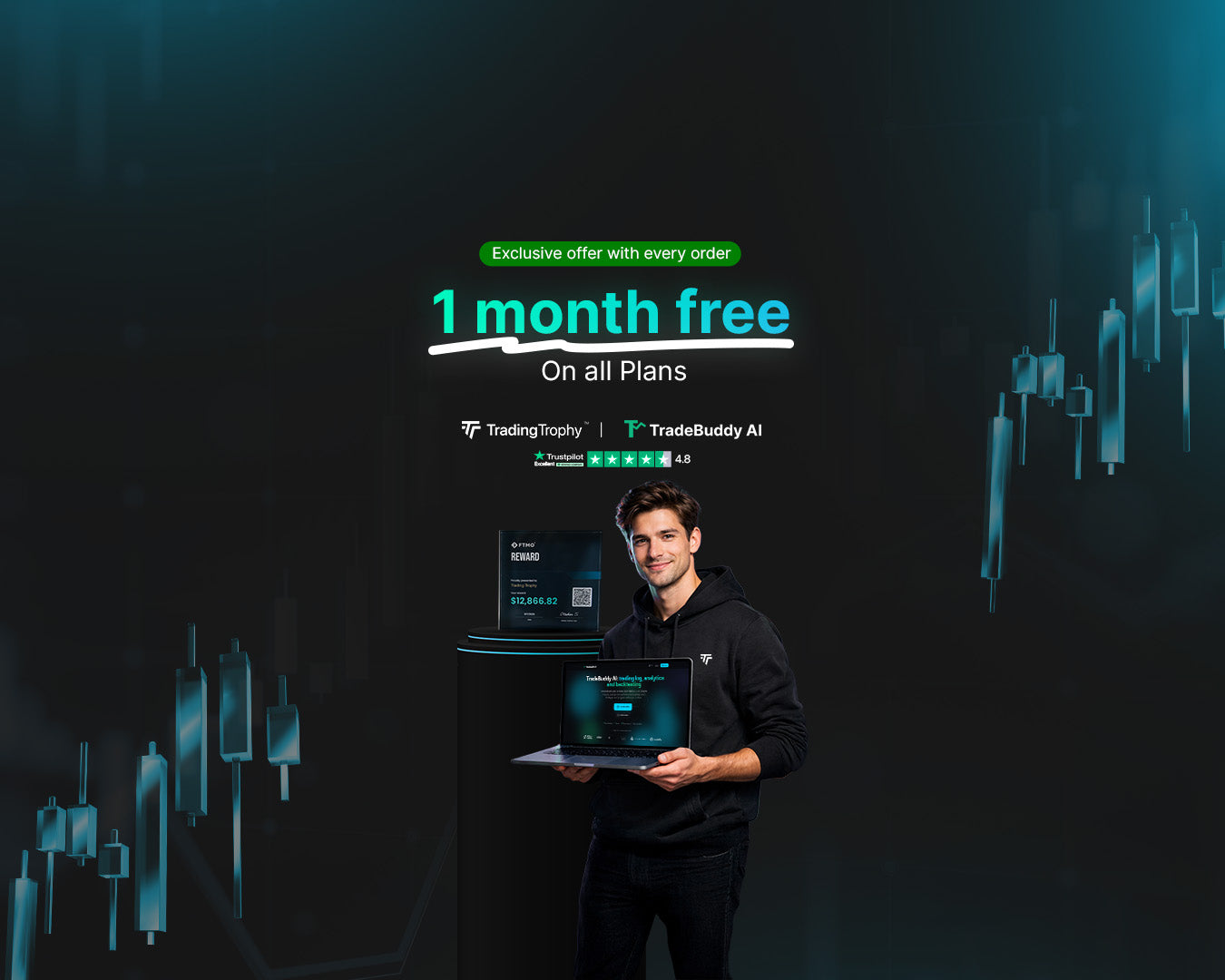 Man holding a laptop with promotional text for TradingTrophy and TradeBuddy AI on a dark background.