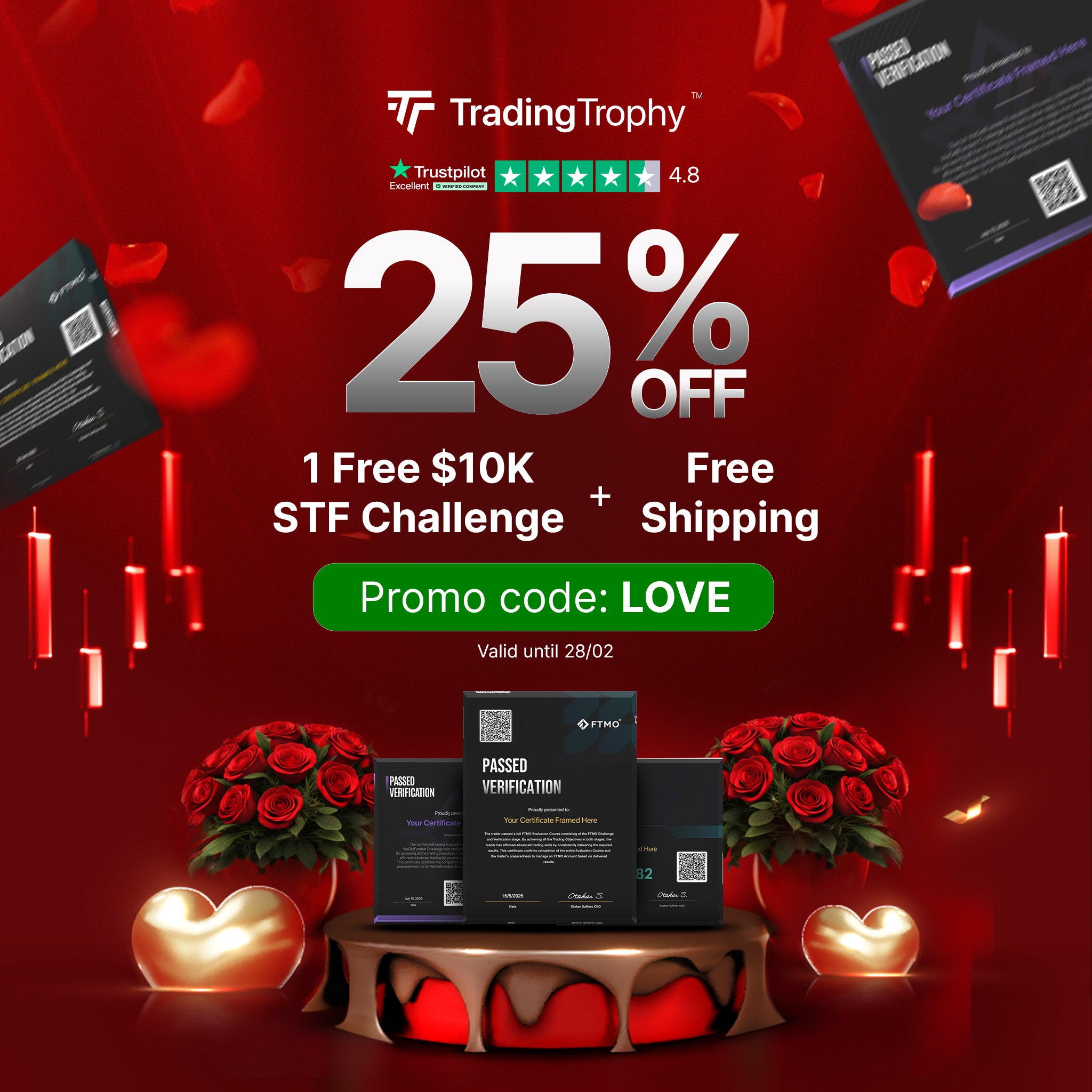 Promotional banner for Valentine's day with 25% off offer, free $10K STF Challenge, free shipping, and a discount code on a festive background.
