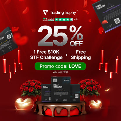 Promotional banner for Valentine's day with 25% off offer, free $10K STF Challenge, free shipping, and a discount code on a festive background.