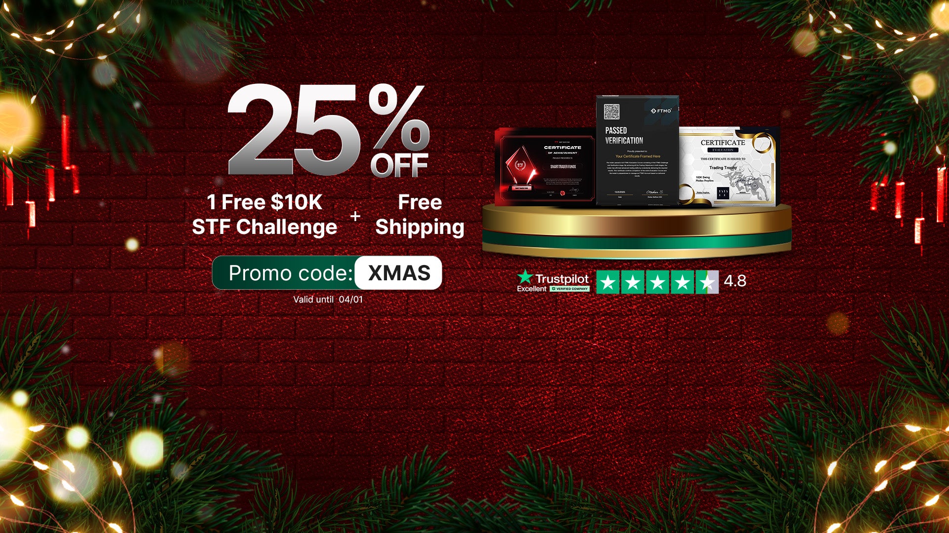 Promotional banner for Christmas with 25% off offer, free $10K STF Challenge, free shipping, and a discount code on a festive background.
