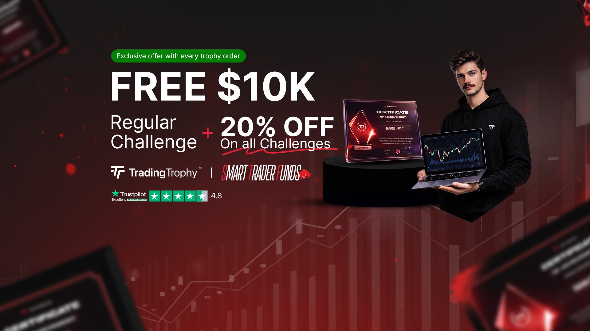Man holding a laptop with promotional text about free $10K and discounts on challenges Smart Trader Funds.