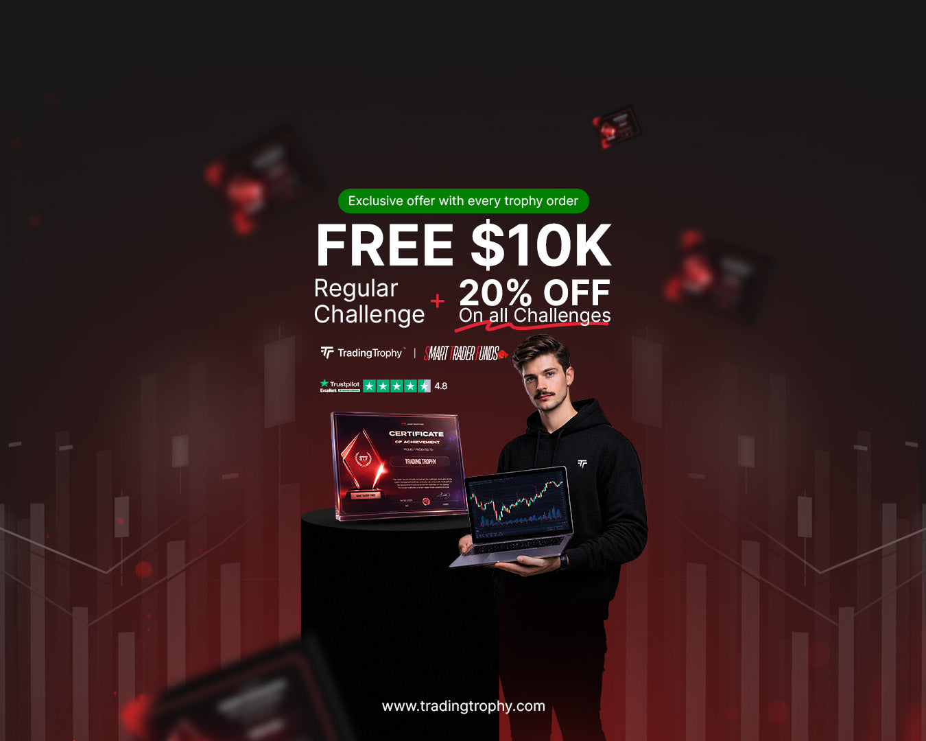 Man holding a laptop with promotional text about free $10K and discounts on challenges Smart Trader Funds.