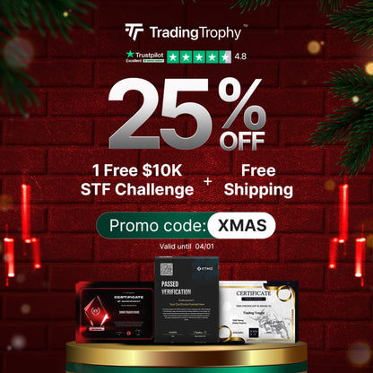 Promotional banner for Christmas with 25% off offer, free $10K STF Challenge, free shipping, and a discount code on a festive background.